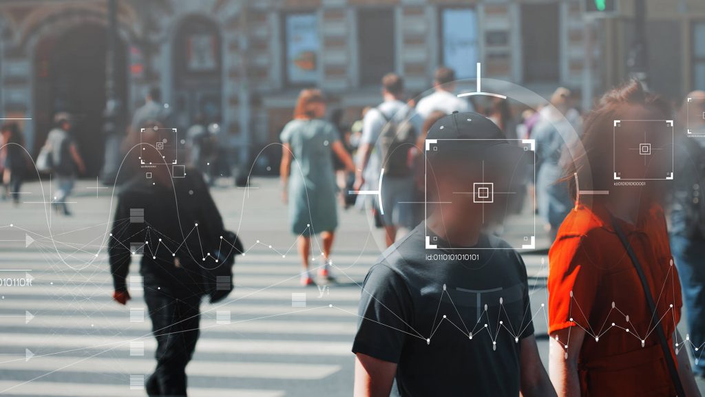 Face recognition software on a street of people